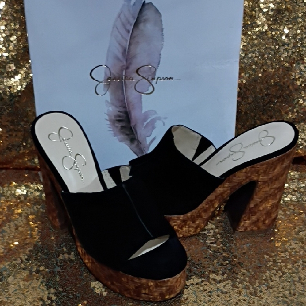Jessica Simpson Black Suede Platform Slide Sandals with Cork-Look Heel
